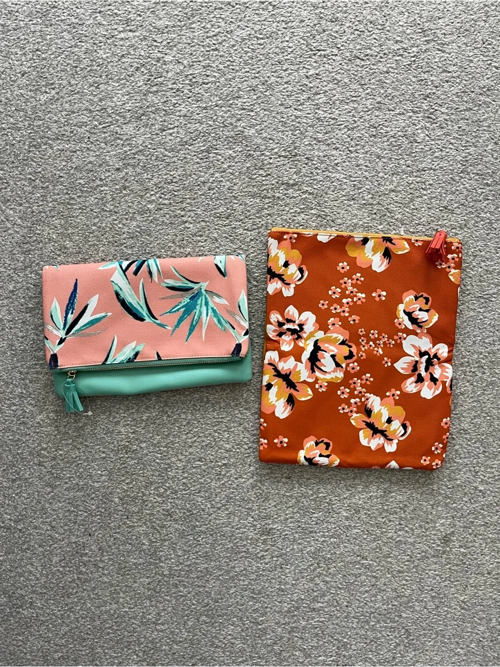 NWOT Rachel Pally Yellow Foldover Clutch & Pink Floral Teal Trim Clutch Duo